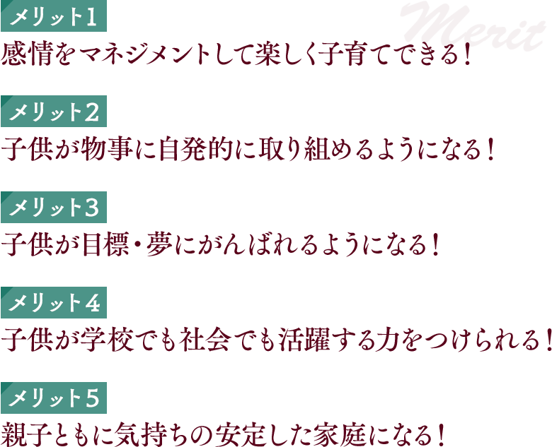 メリット１：感情をマネジメントして楽しく子育てできる！, メリット２：子供が物事に自発的に取り組めるようになる！, メリット３：子供が目標・夢にがんばれるようになる！, メリット４：子供が学校でも社会でも活躍する力をつけられる！, メリット５：親子ともに気持ちの安定した家庭になる！